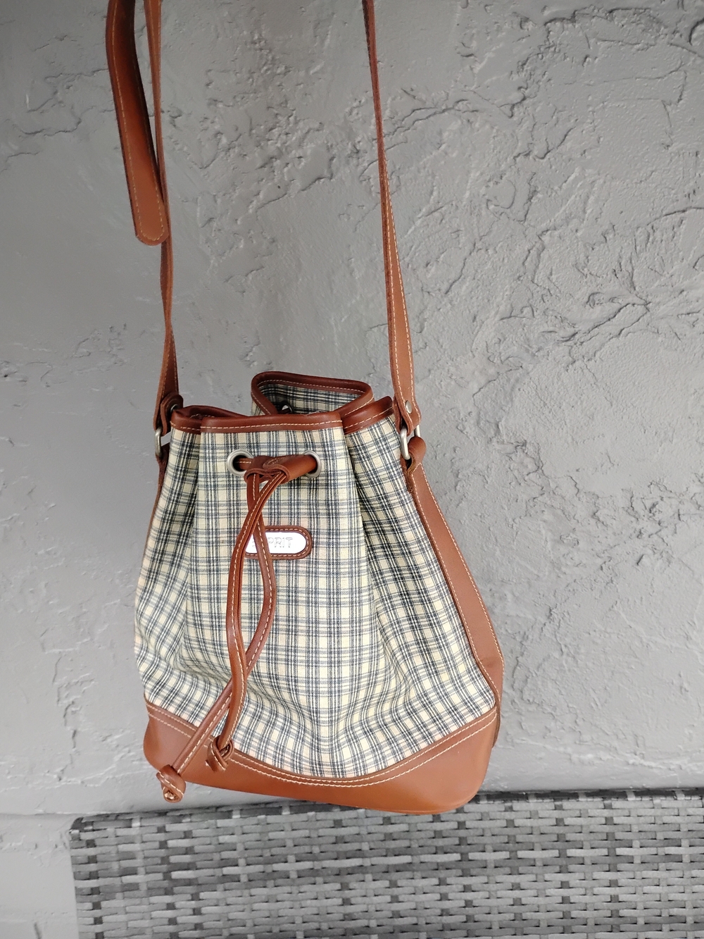 Y2K ESPRIT Bucket Satchel Messenger Purse Crossbody Drawstring Brown Bag